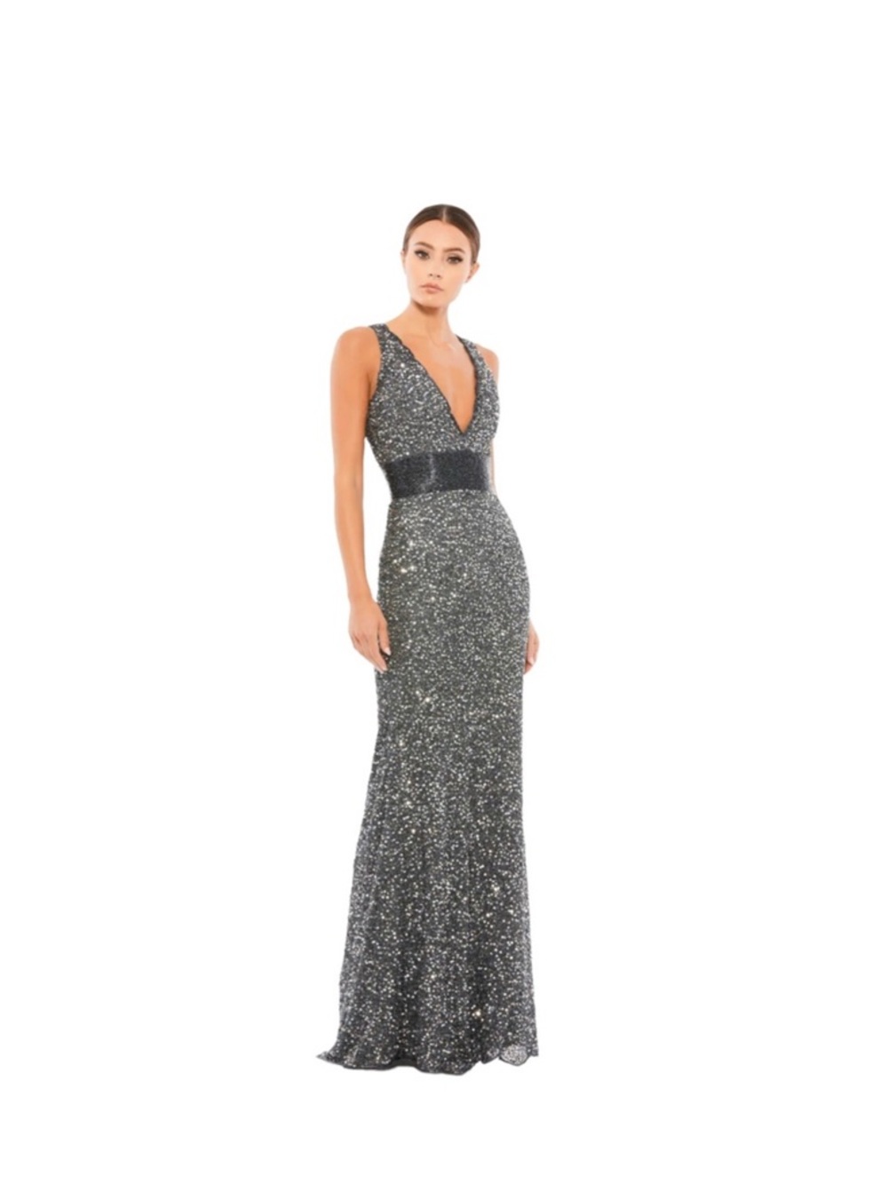 $300 Mac Duggal silver gown
